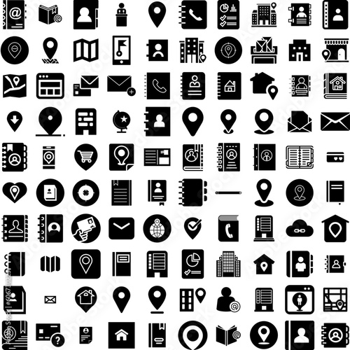 Collection Of 100 Address Icons Set Isolated Solid Silhouette Icons Including Sign, Address, Web, Location, Icon, Business, Symbol Infographic Elements Vector Illustration Logo