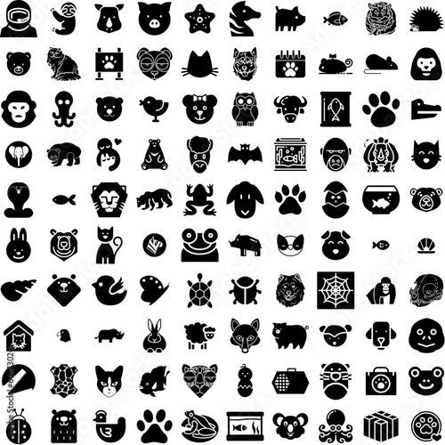 Collection Of 100 Animal Icons Set Isolated Solid Silhouette Icons Including Illustration, Cartoon, Cute, Set, Animal, Wildlife, Character Infographic Elements Vector Illustration Logo