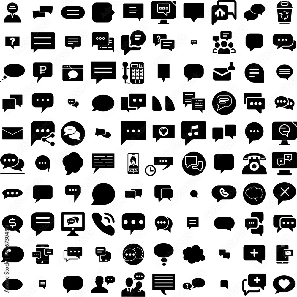Collection Of 100 Conversation Icons Set Isolated Solid Silhouette Icons Including Conversation, Bubble, Speech, Chat, Talk, Communication, Message Infographic Elements Vector Illustration Logo