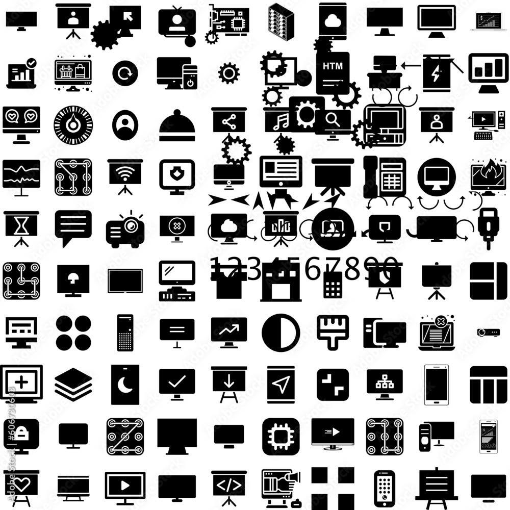 Collection Of 100 Display Icons Set Isolated Solid Silhouette Icons Including Abstract, Scene, Background, 3D, Product, Podium, Platform Infographic Elements Vector Illustration Logo