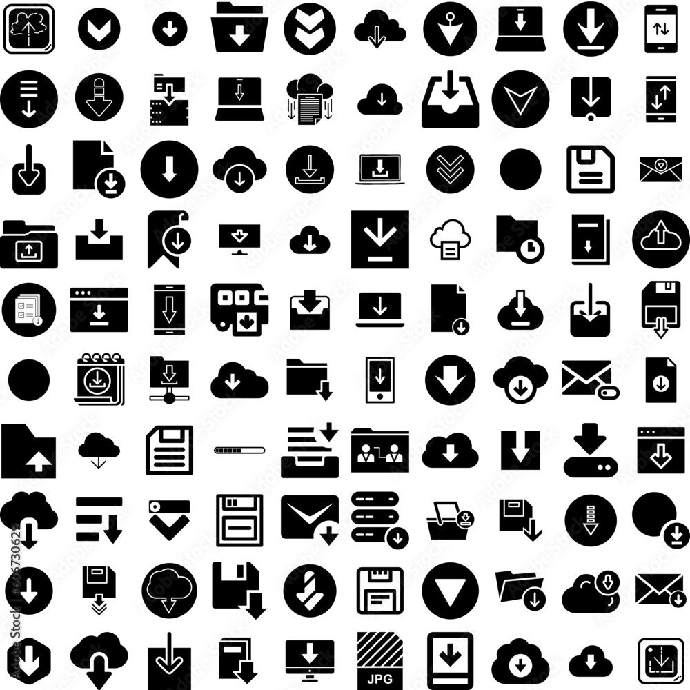 Collection Of 100 Download Icons Set Isolated Solid Silhouette Icons Including Download, Icon, Vector, Button, Internet, File, Web Infographic Elements Vector Illustration Logo