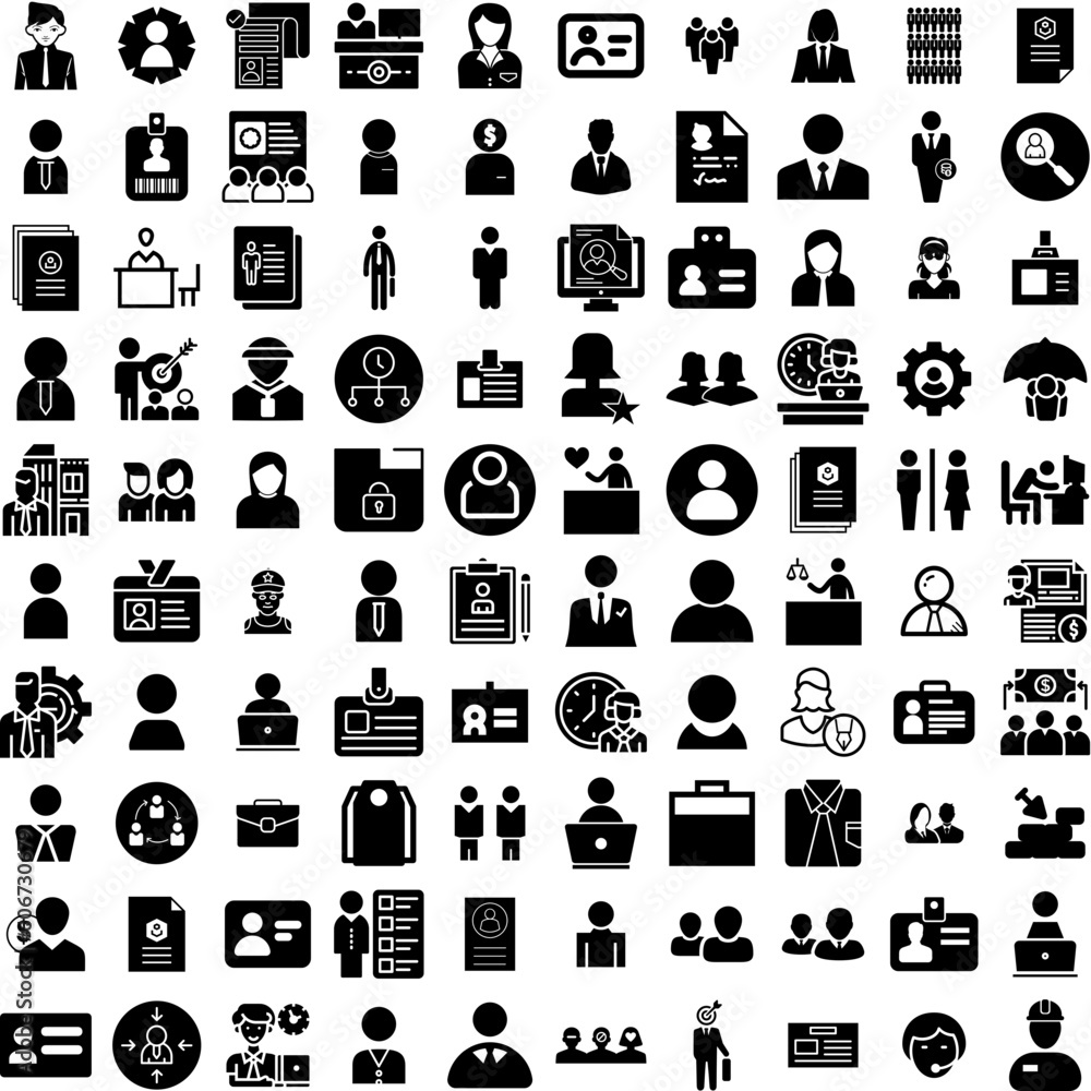Collection Of 100 Employee Icons Set Isolated Solid Silhouette Icons Including Office, Team, Work, Teamwork, Business, Employee, Group Infographic Elements Vector Illustration Logo