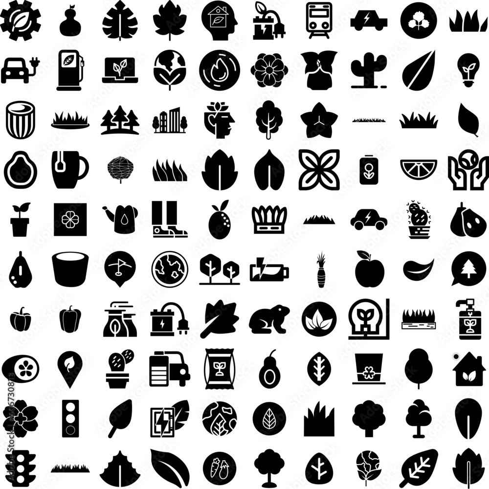 Collection Of 100 Green Icons Set Isolated Solid Silhouette Icons Including Wallpaper, Abstract, Modern, Background, Green, Design, Banner Infographic Elements Vector Illustration Logo