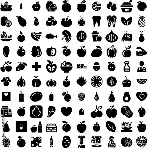 Collection Of 100 Healthy Icons Set Isolated Solid Silhouette Icons Including Vegetable, Healthy, Lifestyle, Organic, Fresh, Food, Diet Infographic Elements Vector Illustration Logo