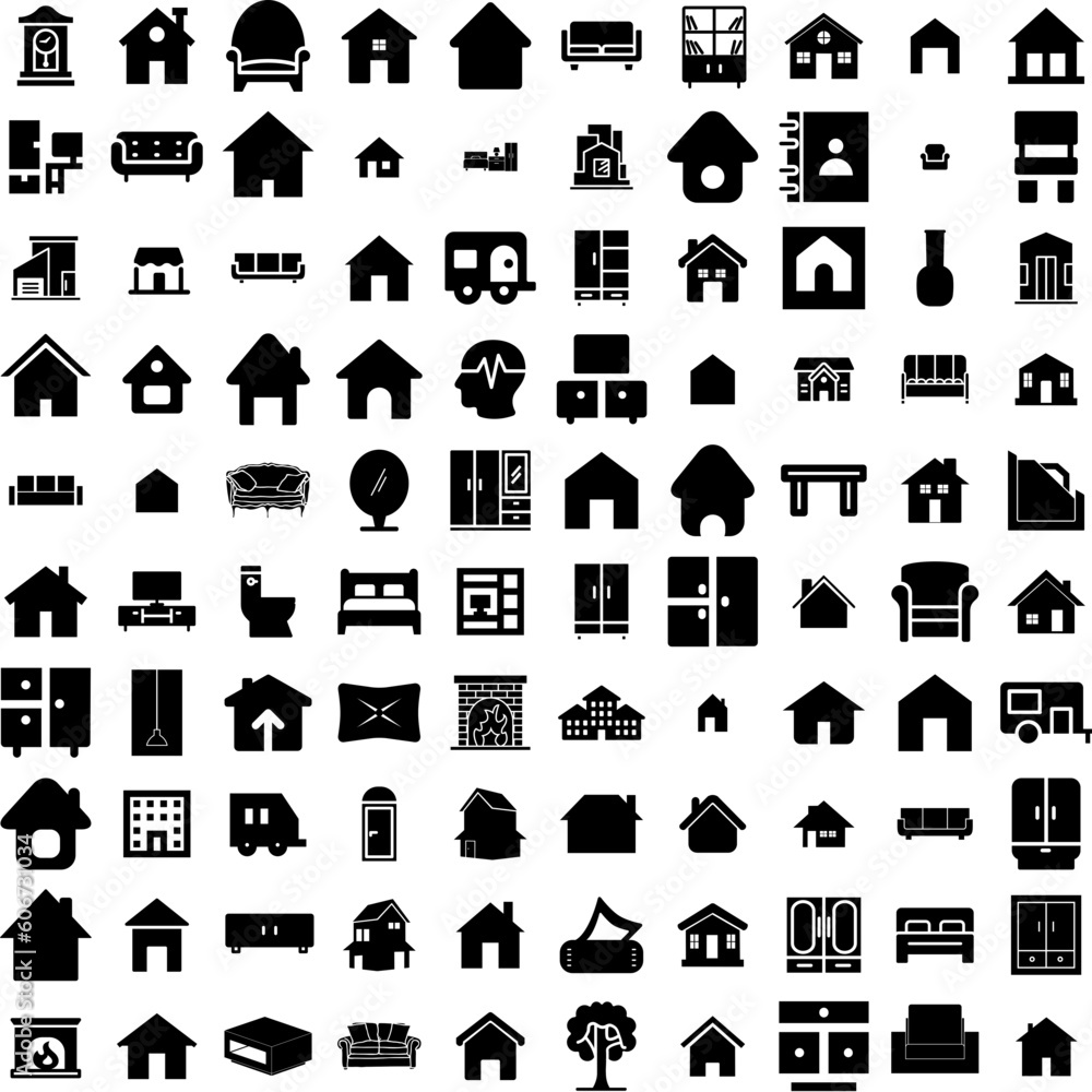 Collection Of 100 Living Icons Set Isolated Solid Silhouette Icons Including Modern, Room, Design, Template, Apartment, Furniture, House Infographic Elements Vector Illustration Logo