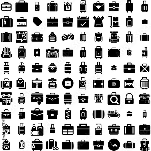 Collection Of 100 Luggage Icons Set Isolated Solid Silhouette Icons Including Suitcase, Baggage, Bag, Travel, Journey, Vacation, Luggage Infographic Elements Vector Illustration Logo