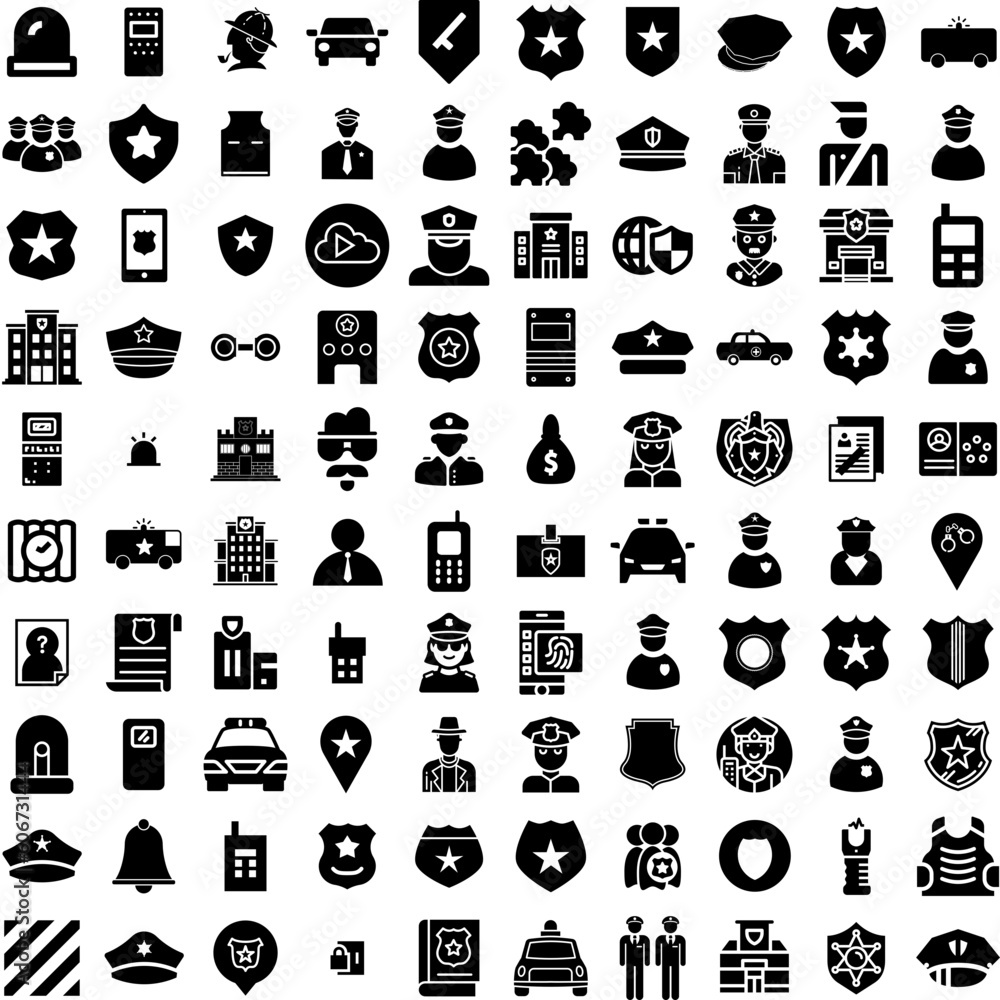Collection Of 100 Police Icons Set Isolated Solid Silhouette Icons Including Crime, Police, Officer, Emergency, Security, Car, Law Infographic Elements Vector Illustration Logo