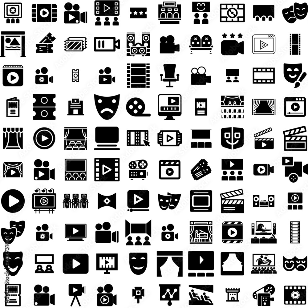Collection Of 100 Theater Icons Set Isolated Solid Silhouette Icons Including Theater, Entertainment, Stage, Show, Drama, Opera, Performance Infographic Elements Vector Illustration Logo