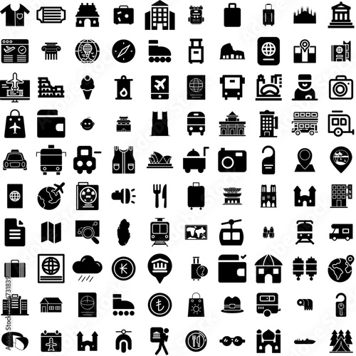 Collection Of 100 Tourism Icons Set Isolated Solid Silhouette Icons Including Trip  Holiday  Concept  Airplane  Tourism  Tourist  Travel Infographic Elements Vector Illustration Logo