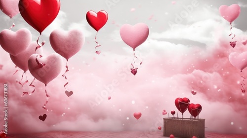 festive background - card with balloons heart shaped colors. love and celebration. valentine's day card balloons with red heart. Generative AI 