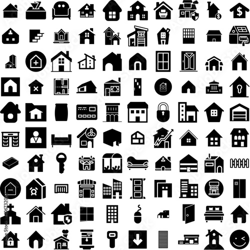 Collection Of 100 House Icons Set Isolated Solid Silhouette Icons Including Residential, Property, Architecture, Home, Estate, Building, House Infographic Elements Vector Illustration Logo