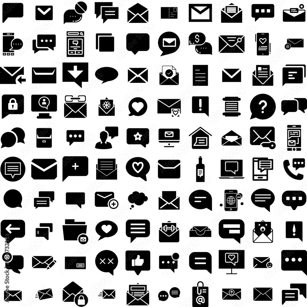 Collection Of 100 Message Icons Set Isolated Solid Silhouette Icons Including Communication, Design, Message, Vector, Illustration, Web, Icon Infographic Elements Vector Illustration Logo
