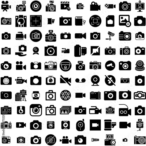 Collection Of 100 Camera Icons Set Isolated Solid Silhouette Icons Including Camera, Equipment, Digital, Lens, Photography, Photo, Illustration Infographic Elements Vector Illustration Logo