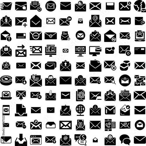 Collection Of 100 Email Icons Set Isolated Solid Silhouette Icons Including Email, Web, Communication, Internet, Mail, Message, Vector Infographic Elements Vector Illustration Logo