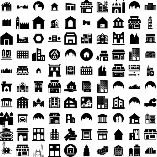 Collection Of 100 Building Icons Set Isolated Solid Silhouette Icons Including Business, Urban, Construction, Office, Building, Architecture, City Infographic Elements Vector Illustration Logo