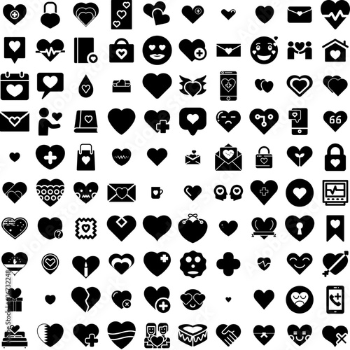 Collection Of 100 Heart Icons Set Isolated Solid Silhouette Icons Including Vector, Valentine, Background, Heart, Icon, Love, Symbol Infographic Elements Vector Illustration Logo