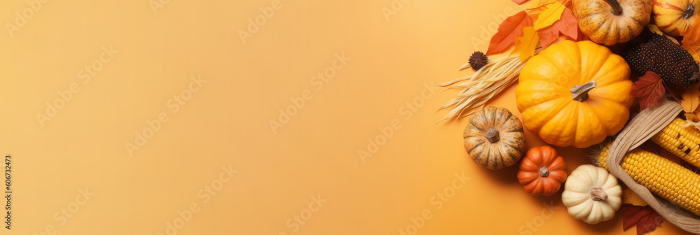 Fotografie Thanksgiving theme - Pumpkins and maple leaves on orange background - Generative