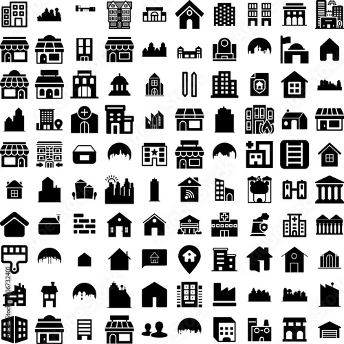 Collection Of 100 Building Icons Set Isolated Solid Silhouette Icons Including Building, City, Construction, Urban, Office, Architecture, Business Infographic Elements Vector Illustration Logo