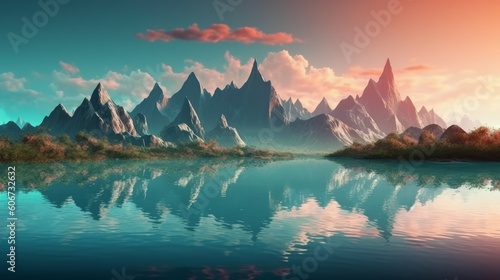 Fantasy alien planet. Mountain and lake. Digital illustration, generative Ai