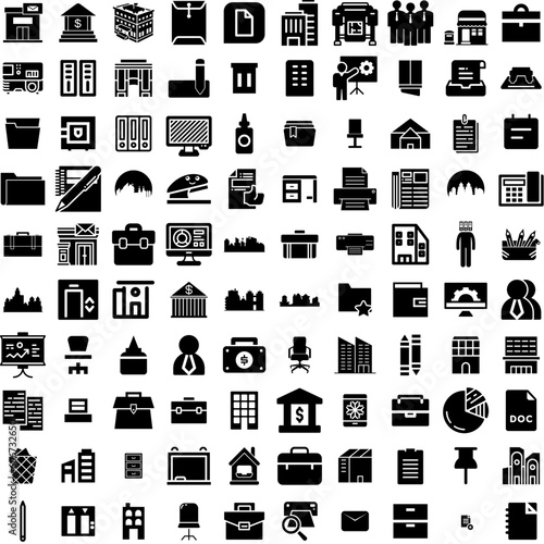 Collection Of 100 Office Icons Set Isolated Solid Silhouette Icons Including Business, Table, Modern, Computer, Technology, Office, Work Infographic Elements Vector Illustration Logo