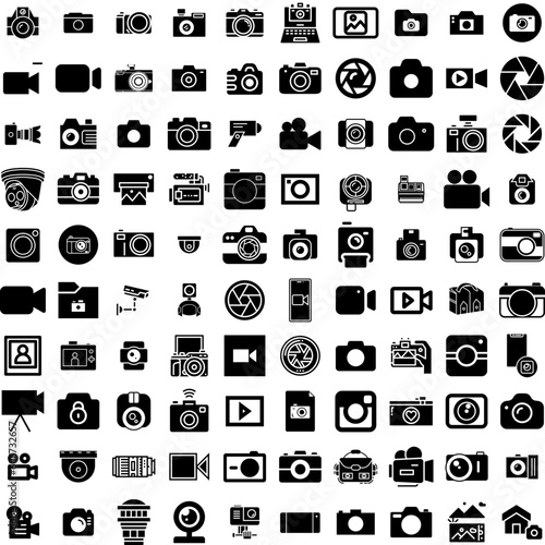 Collection Of 100 Camera Icons Set Isolated Solid Silhouette Icons Including Photo, Camera, Photography, Lens, Digital, Illustration, Equipment Infographic Elements Vector Illustration Logo © Natalie