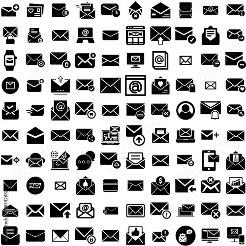 Collection Of 100 Email Icons Set Isolated Solid Silhouette Icons Including Communication, Vector, Email, Message, Web, Internet, Mail Infographic Elements Vector Illustration Logo