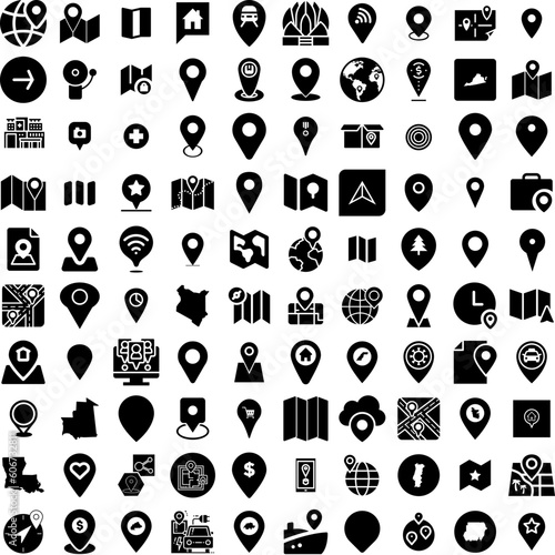 Collection Of 100 Location Icons Set Isolated Solid Silhouette Icons Including Location, Symbol, Icon, Pin, Vector, Sign, Place Infographic Elements Vector Illustration Logo