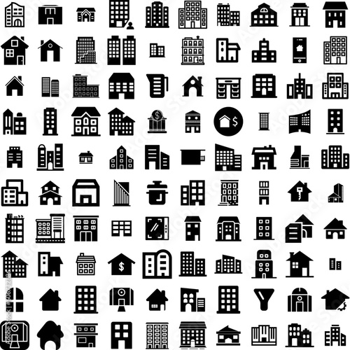 Collection Of 100 Apartment Icons Set Isolated Solid Silhouette Icons Including Modern, Architecture, Apartment, Home, Residential, Estate, House Infographic Elements Vector Illustration Logo