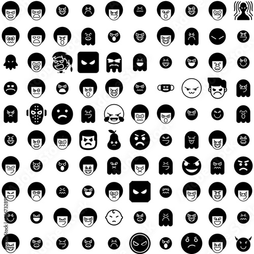 Collection Of 100 Angry Icons Set Isolated Solid Silhouette Icons Including Expression, Background, Young, Angry, Isolated, Emotion, Cute Infographic Elements Vector Illustration Logo