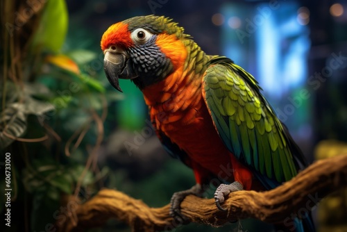 Colorful parrot sitting on a branch in the zoo, Close up and soft focus, generative Ai