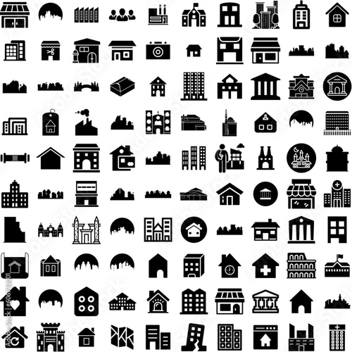 Collection Of 100 Building Icons Set Isolated Solid Silhouette Icons Including Building, Urban, City, Construction, Business, Architecture, Office Infographic Elements Vector Illustration Logo