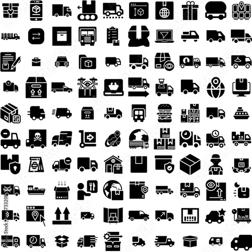 Collection Of 100 Delivery Icons Set Isolated Solid Silhouette Icons Including Delivery, Order, Transport, Service, Fast, Shipping, Courier Infographic Elements Vector Illustration Logo