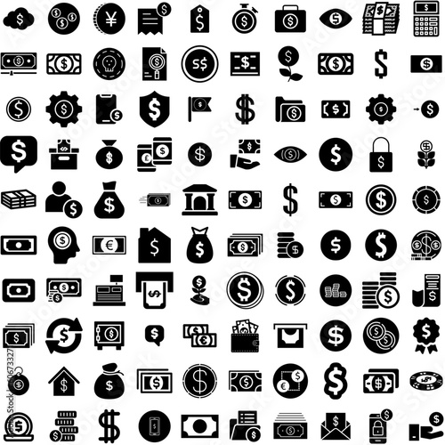 Collection Of 100 Dollar Icons Set Isolated Solid Silhouette Icons Including Money, Dollar, Business, Bank, Banking, Finance, Currency Infographic Elements Vector Illustration Logo