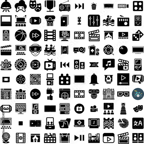 Collection Of 100 Entertainment Icons Set Isolated Solid Silhouette Icons Including Video, Entertainment, Illustration, Cinema, Icon, Music, Sign Infographic Elements Vector Illustration Logo