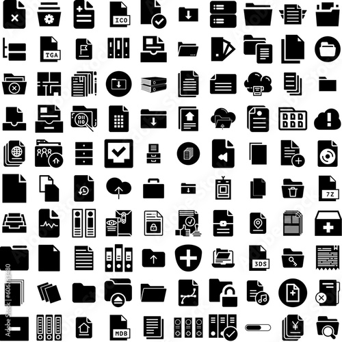 Collection Of 100 Files Icons Set Isolated Solid Silhouette Icons Including Document, Business, Office, Information, Management, File, Icon Infographic Elements Vector Illustration Logo