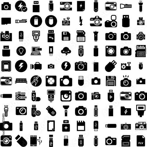 Collection Of 100 Flash Icons Set Isolated Solid Silhouette Icons Including Banner, Template, Promotion, Discount, Price, Offer, Vector Infographic Elements Vector Illustration Logo
