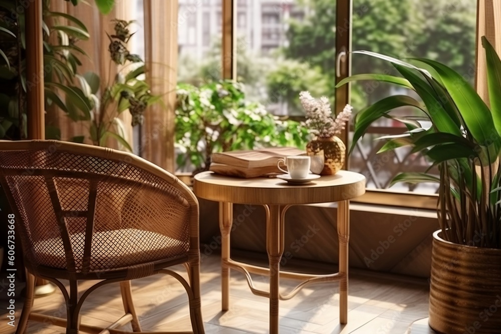 Luxury Tropical Cafe with Wooden Table and Rattan Chair, Generative Ai.