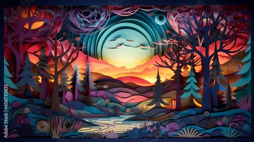 Paper craft whimsical fantasy landscape with gradient fade colors. 3D abstract background with paper cut shapes. Colorful carving art. Ai generative