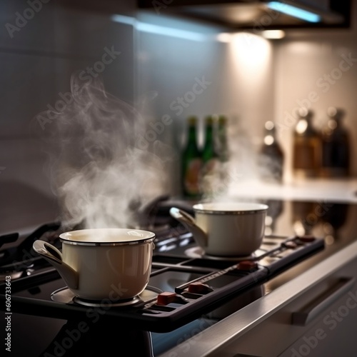 Hot Coffee Cooking on Stove in Modern Kitchen with White Cups, Generative Ai.