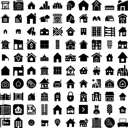 Collection Of 100 House Icons Set Isolated Solid Silhouette Icons Including Property, Estate, Building, Architecture, House, Residential, Home Infographic Elements Vector Illustration Logo