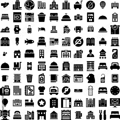 Collection Of 100 Hotel Icons Set Isolated Solid Silhouette Icons Including Service, Vacation, Bed, Hotel, Woman, Room, Travel Infographic Elements Vector Illustration Logo