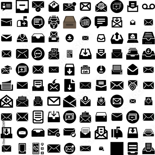 Collection Of 100 Inbox Icons Set Isolated Solid Silhouette Icons Including E-Mail, Mail, Message, Icon, Business, Email, Inbox Infographic Elements Vector Illustration Logo