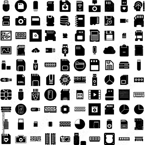 Collection Of 100 Memory Icons Set Isolated Solid Silhouette Icons Including Hand, Memories, Woman, Concept, Care, Memory, Head Infographic Elements Vector Illustration Logo