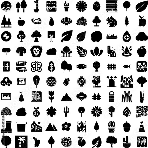 Collection Of 100 Nature Icons Set Isolated Solid Silhouette Icons Including Tree, Green, Beautiful, Natural, Summer, Nature, Background Infographic Elements Vector Illustration Logo