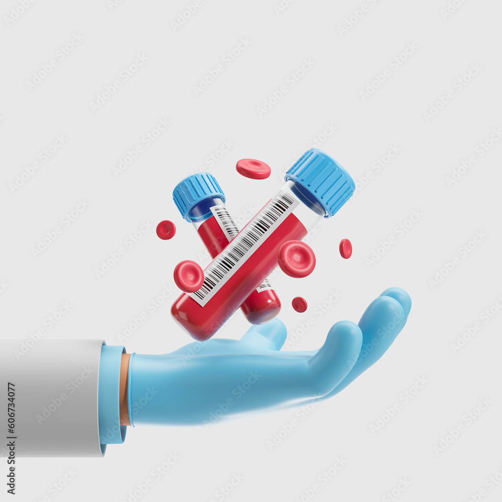 3d rendering. Cartoon character hand with test tubes and blood cells 3d rendering. Cartoon character hand with test tubes and blood cells