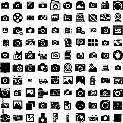 Collection Of 100 Photography Icons Set Isolated Solid Silhouette Icons Including Technology, Photography, Lens, Equipment, Photographer, Camera, Photo Infographic Elements Vector Illustration Logo