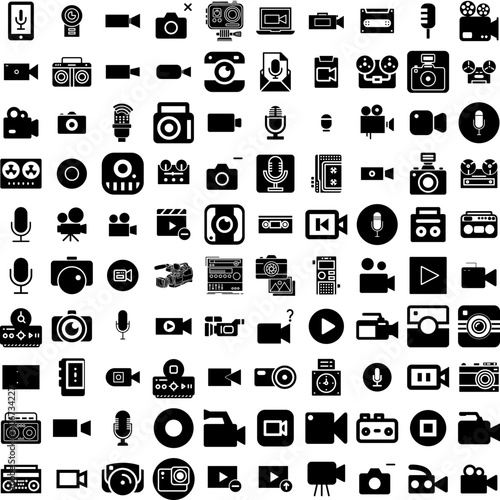 Collection Of 100 Recorder Icons Set Isolated Solid Silhouette Icons Including Audio, Retro, Music, Recorder, Sound, Equipment, Tape Infographic Elements Vector Illustration Logo