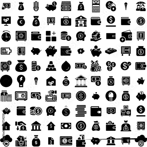 Collection Of 100 Saving Icons Set Isolated Solid Silhouette Icons Including Money, Business, Illustration, Save, Vector, Icon, Finance Infographic Elements Vector Illustration Logo