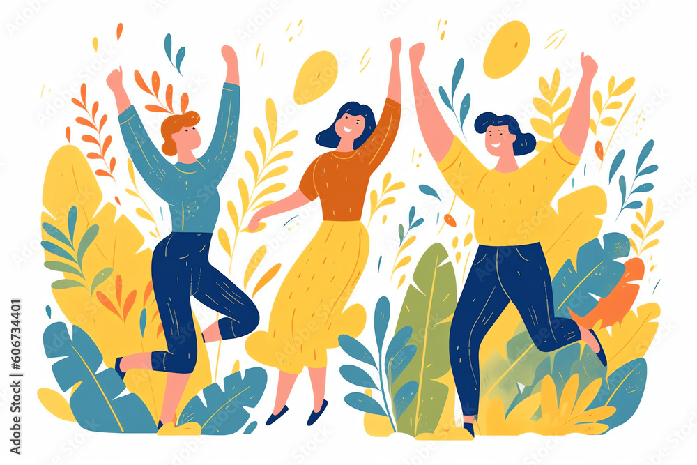 AI generated: Happy group of people jumping on a white background. The concept of friendship, healthy lifestyle, success. Vector illustration in a flat style AI generated: Happy group of people jumping on a white background. The concept of friendship, healthy lifestyle, success. Vector illustration in a flat style