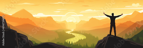 AI generated: Man standing on cliff overlooking panoramic mountain, Quality flat design vector illustration on goals, perspectives and victories with male character standing on mountain top